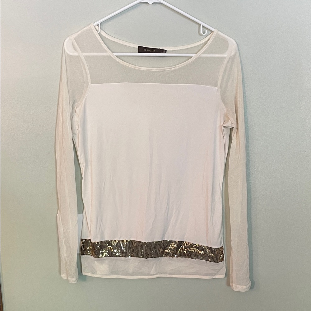 The Limited Cream Long Sleeve Top with Gold Sequin Hem